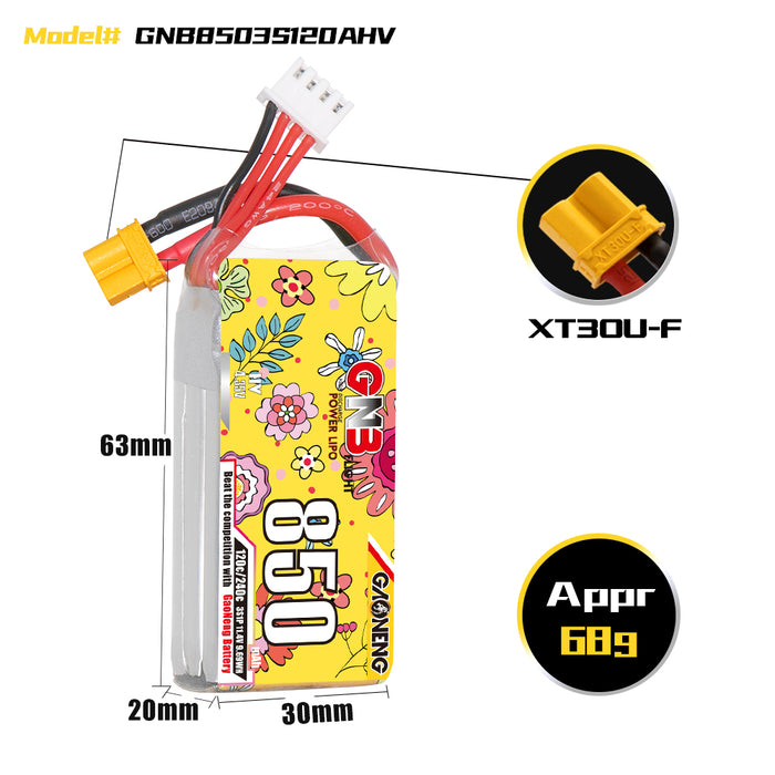 Gaoneng GNB 850mAh 11.4V 3S HV 120C Lipo Battery - XT30