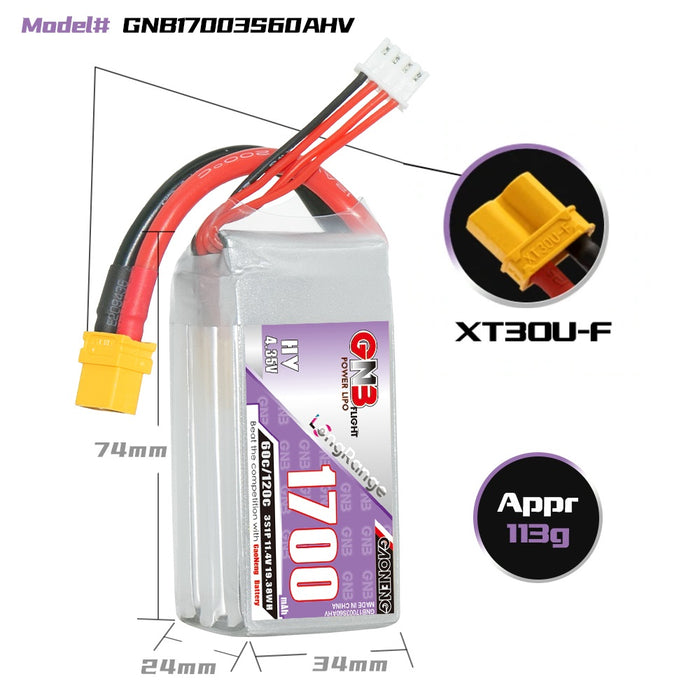 Gaoneng GNB 1700mAh 11.4V 3S 60C HV Lipo Battery - XT30