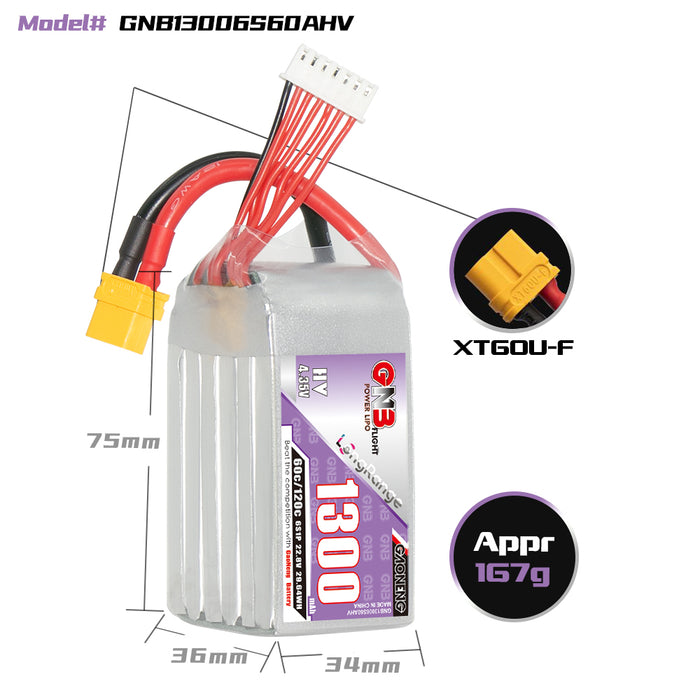 Gaoneng GNB 1300mAh 22.8V 6S HV 60C Lipo Battery - XT60