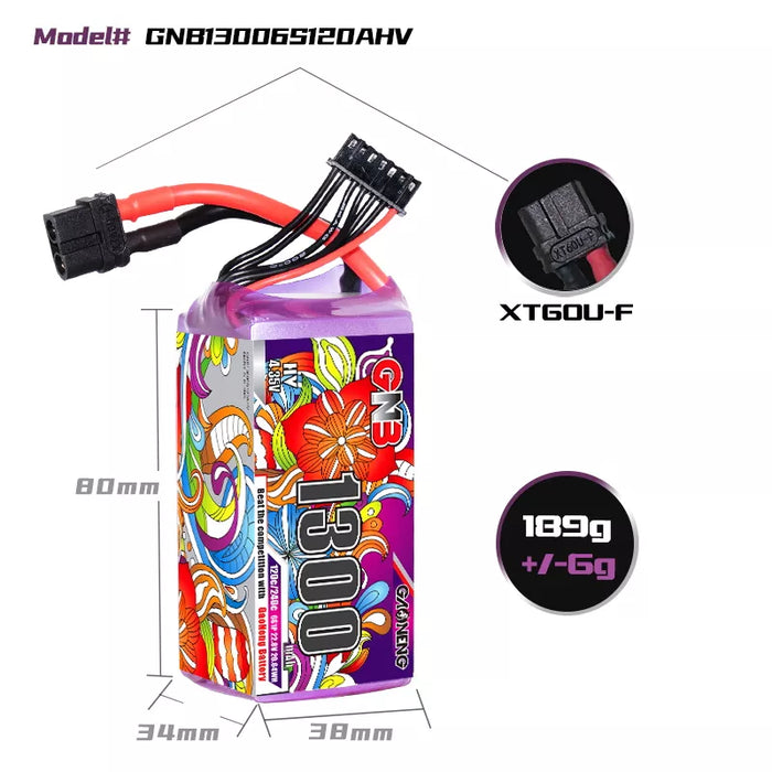 Gaoneng GNB 1300mAh 22.8V 6S HV 120C Lipo Battery - XT60