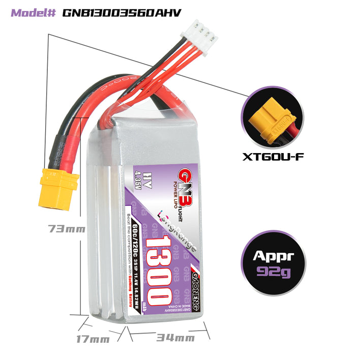 Gaoneng GNB 1300mAh 11.4V 3S HV 60C Lipo Battery - XT60