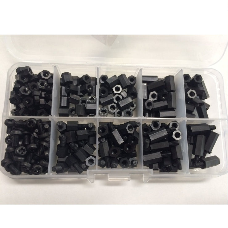 300pcs M3 Nylon Black Hex Screw Nut Spacer Stand-off Varied Length Assortment Kit Box